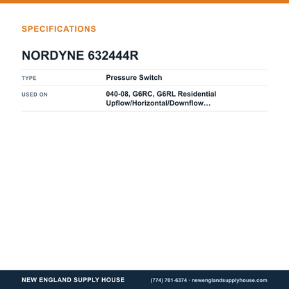 Nordyne 632444R Furnace Pressure Switch specifications — New England Supply House [NESH-SPECTABLE-V1]