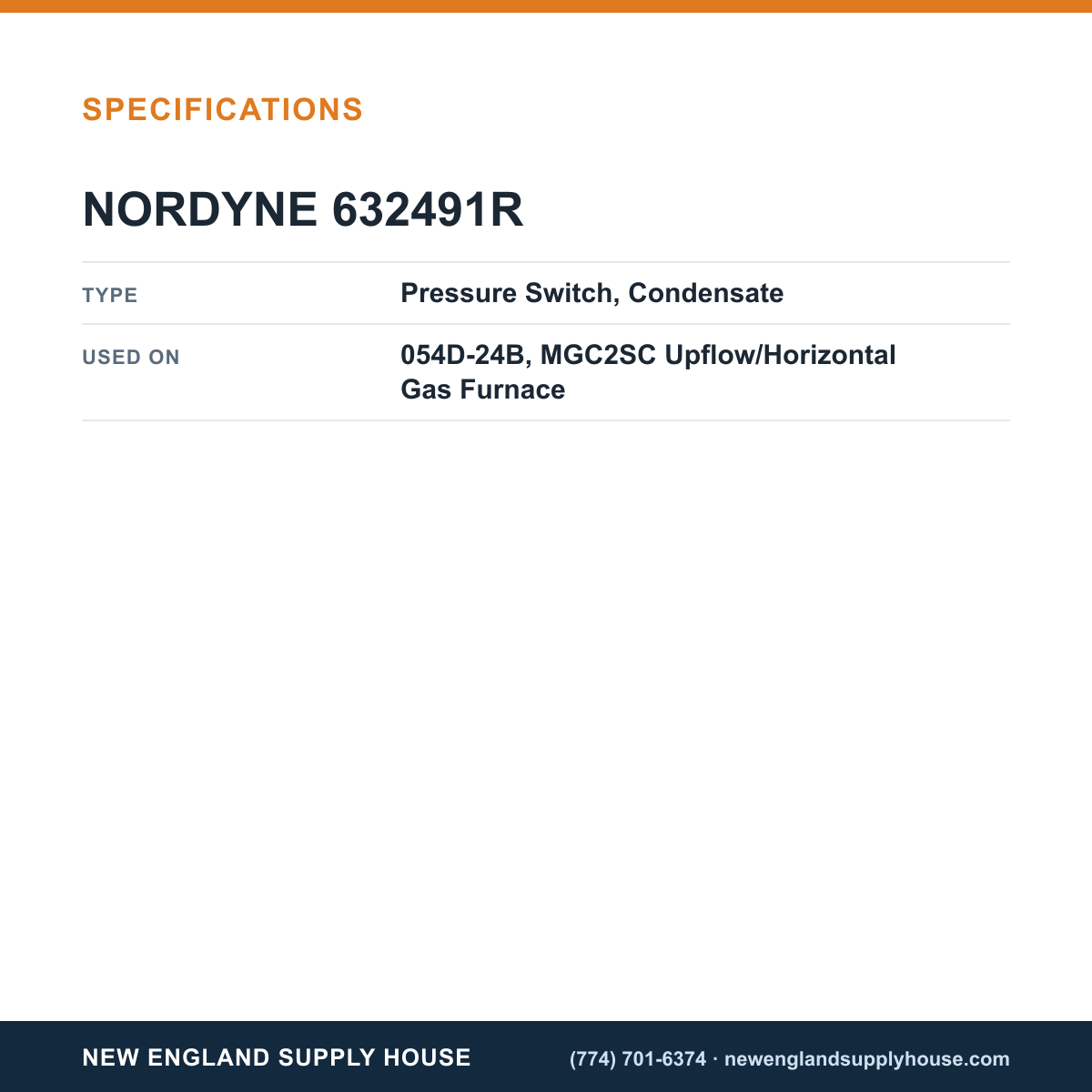 Nordyne 632491R Gas Furnace Pressure Switch specifications — New England Supply House [NESH-SPECTABLE-V1]