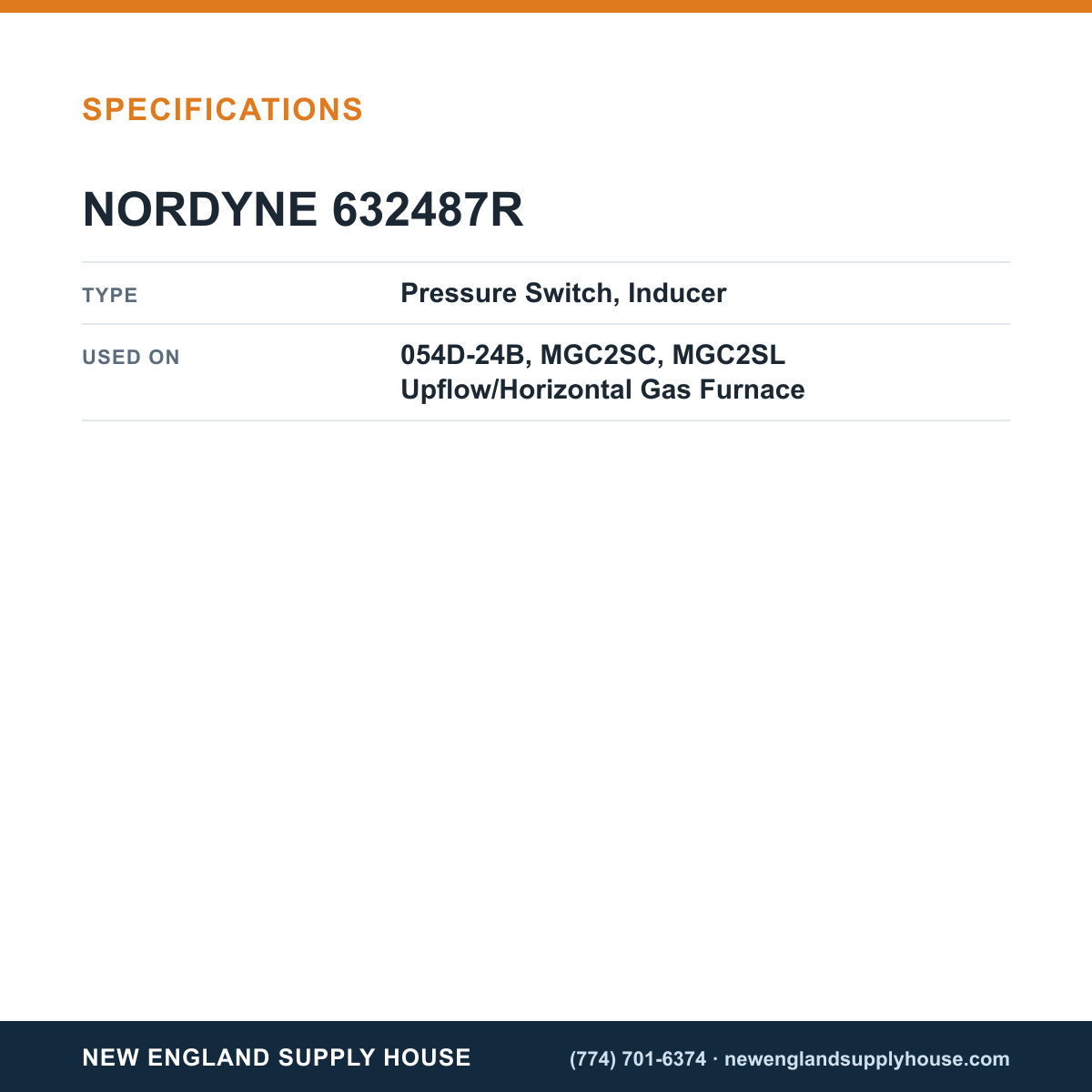 Nordyne 632487R Gas Furnace Pressure Switch specifications — New England Supply House [NESH-SPECTABLE-V1]