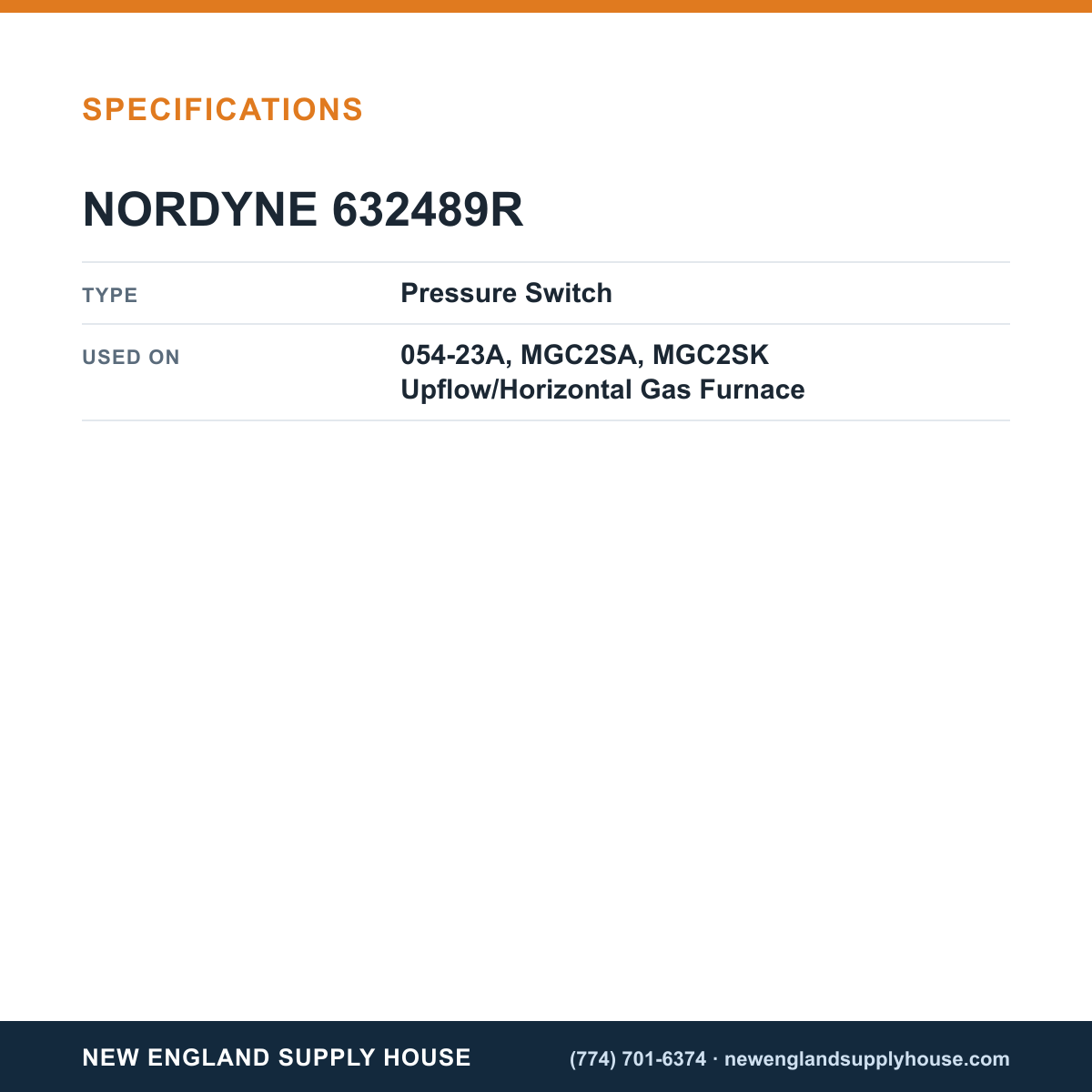 Nordyne 632489R Gas Furnace Pressure Switch specifications — New England Supply House [NESH-SPECTABLE-V1]