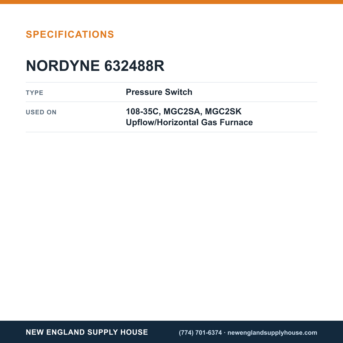 Nordyne 632488R Gas Furnace Pressure Switch specifications — New England Supply House [NESH-SPECTABLE-V1]