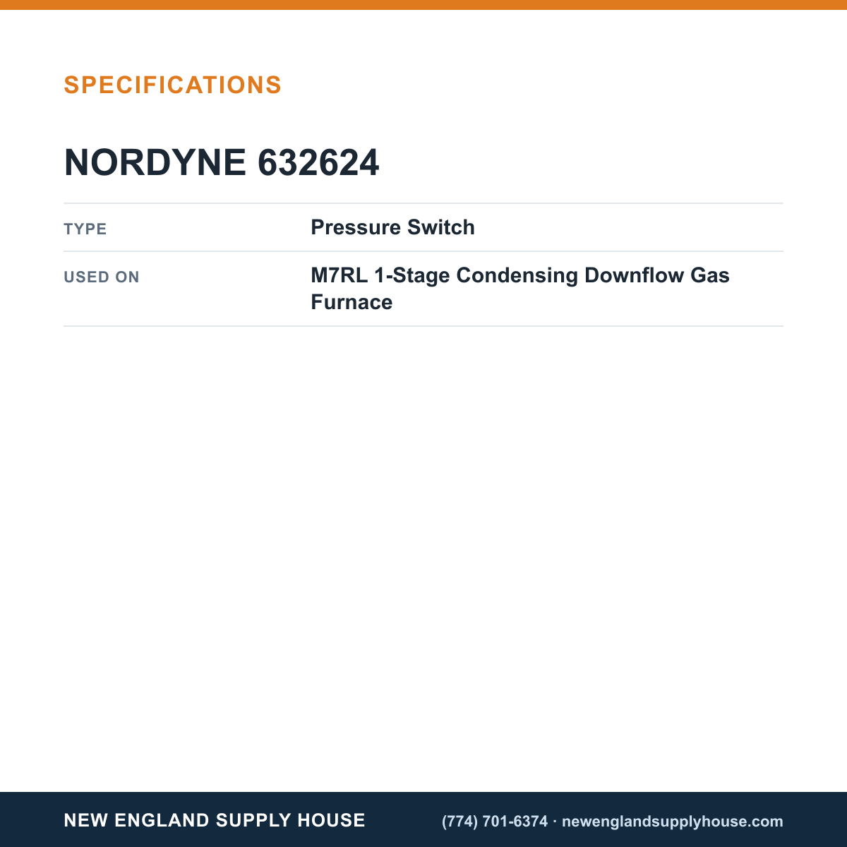 Nordyne 632624 Gas Furnace Pressure Switch specifications — New England Supply House [NESH-SPECTABLE-V1]