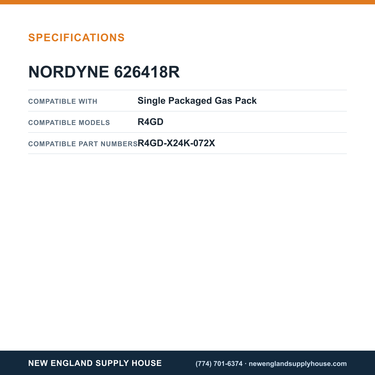 Nordyne 626418R Gas Pack Limit Switch specifications — New England Supply House [NESH-SPECTABLE-V1]