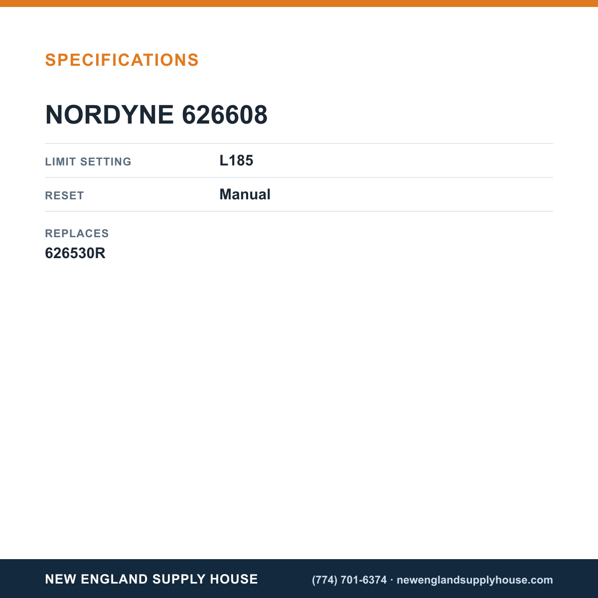 Nordyne 626608 Manual Reset Limit Switch specifications — New England Supply House [NESH-SPECTABLE-V1]