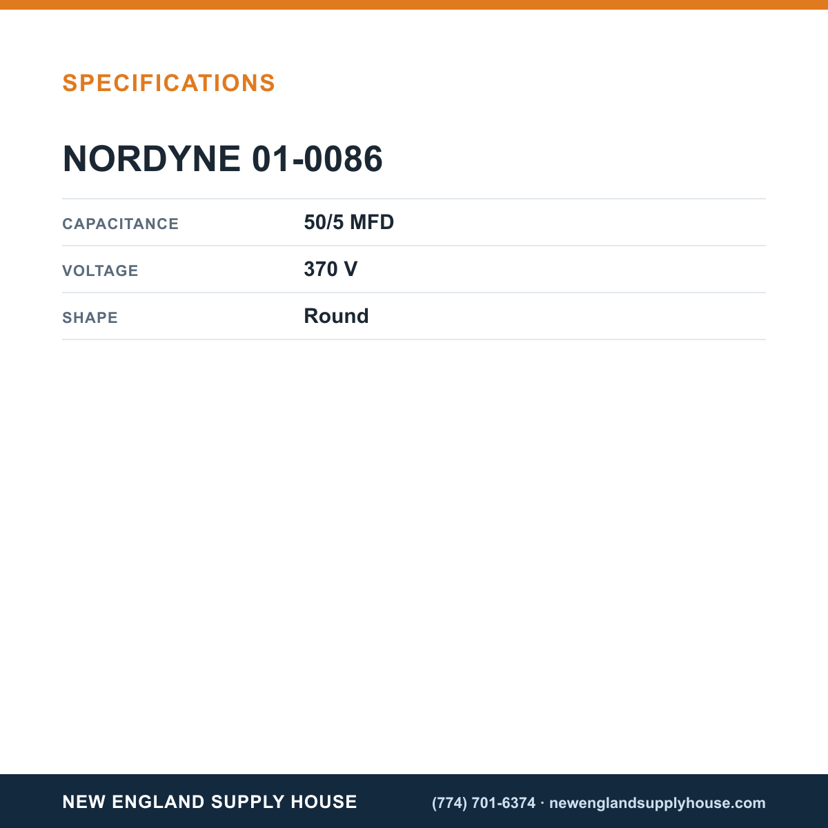 Nordyne 01-0086 Cap specifications — New England Supply House [NESH-SPECTABLE-V1]