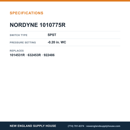 Nordyne 1010775R Pressure Switch specifications — New England Supply House [NESH-SPECTABLE-V1]