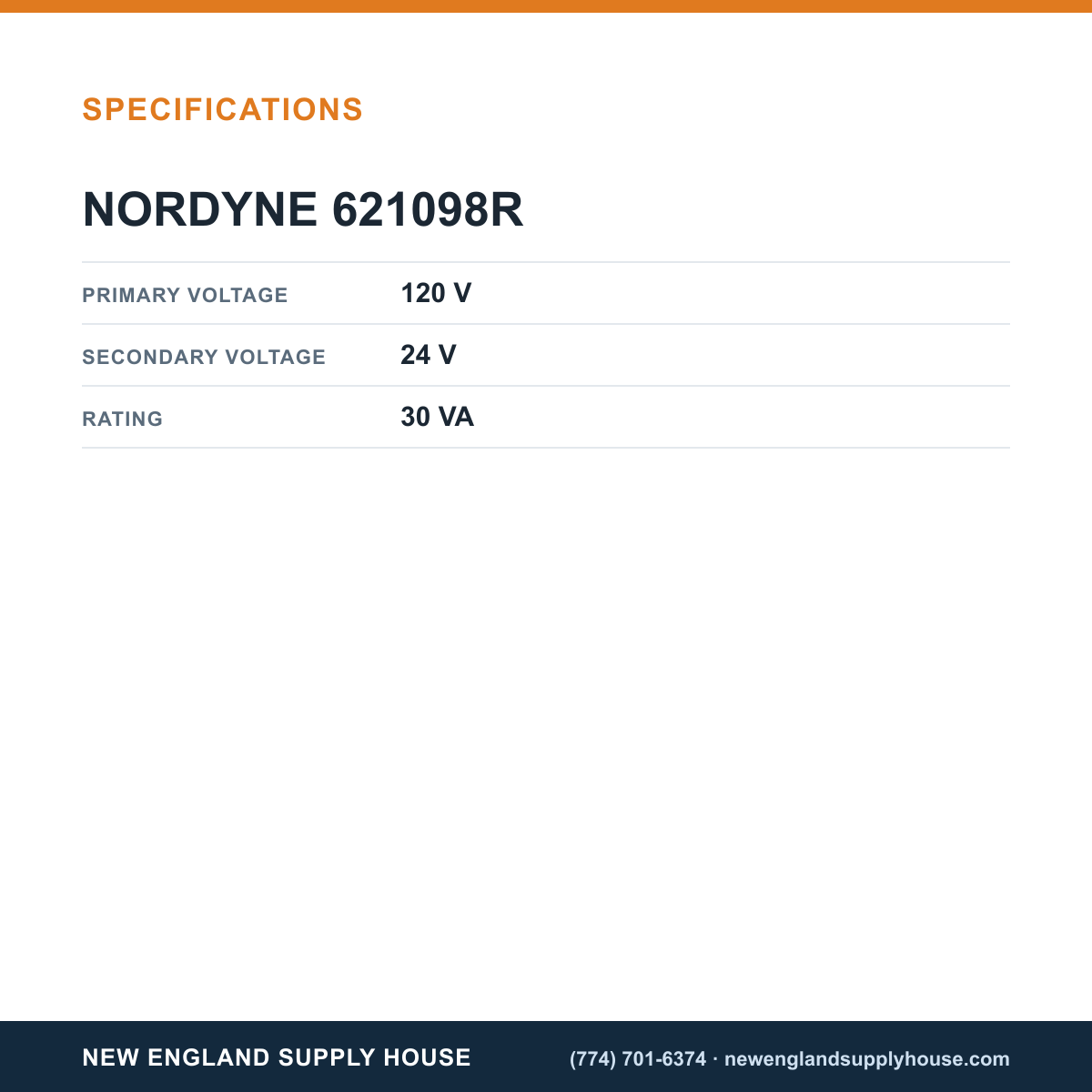 Nordyne 621098R Transformer specifications — New England Supply House [NESH-SPECTABLE-V1]