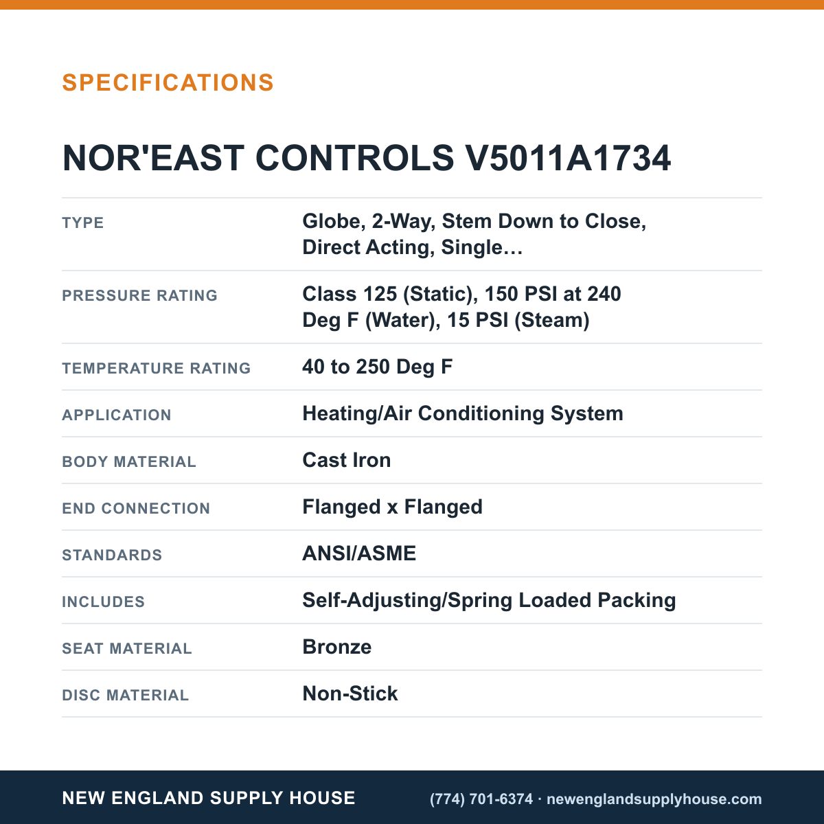 Nor'east Controls V5011A1734 Globe Valve specifications — New England Supply House [NESH-SPECTABLE-V1]