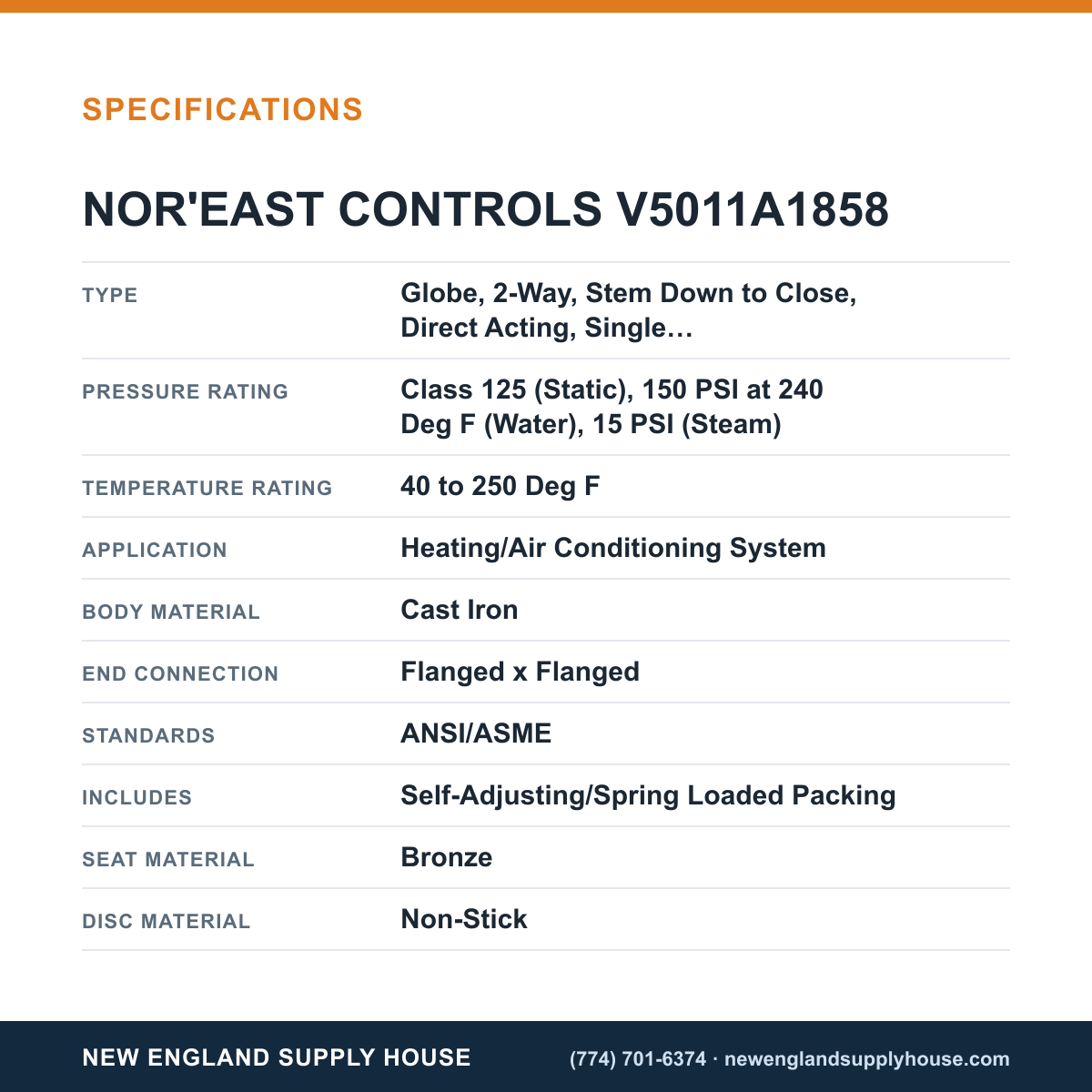 Nor'east Controls V5011A1858 Globe Valve specifications — New England Supply House [NESH-SPECTABLE-V1]
