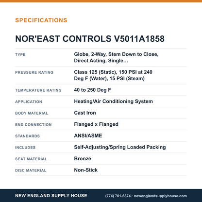 Nor'east Controls V5011A1858 Globe Valve specifications — New England Supply House [NESH-SPECTABLE-V1]