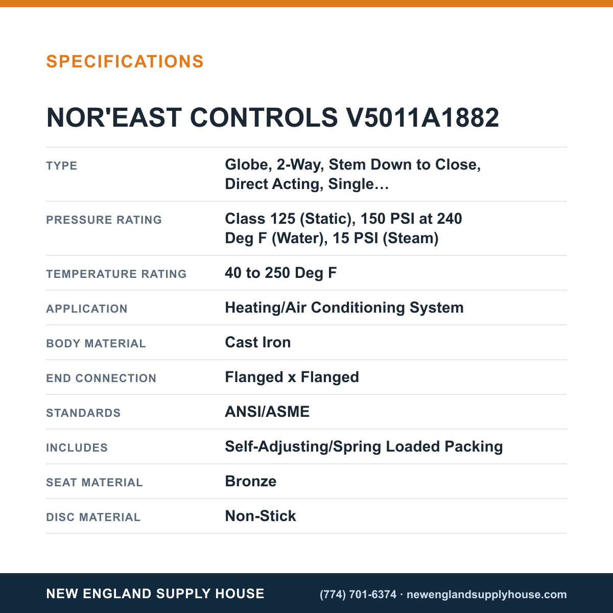 Nor'east Controls V5011A1882 Globe Valve specifications — New England Supply House [NESH-SPECTABLE-V1]