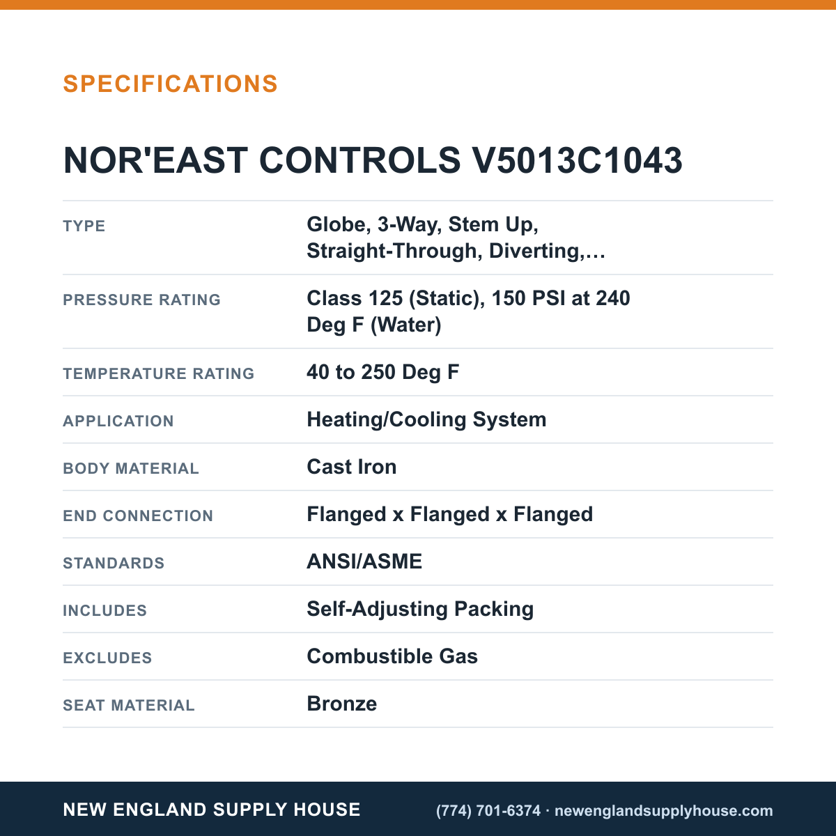 Nor'east Controls V5013C1043 Globe Valve specifications — New England Supply House [NESH-SPECTABLE-V1]