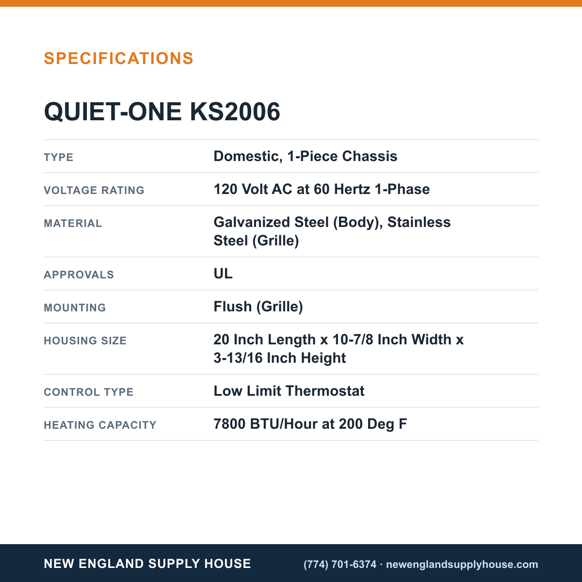 Quiet-One KS2006 Kickspace Heater specifications — New England Supply House [NESH-SPECTABLE-V1]