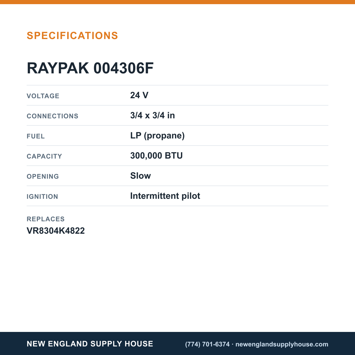Raypak 004306F Gas Valve specifications — New England Supply House [NESH-SPECTABLE-V1]