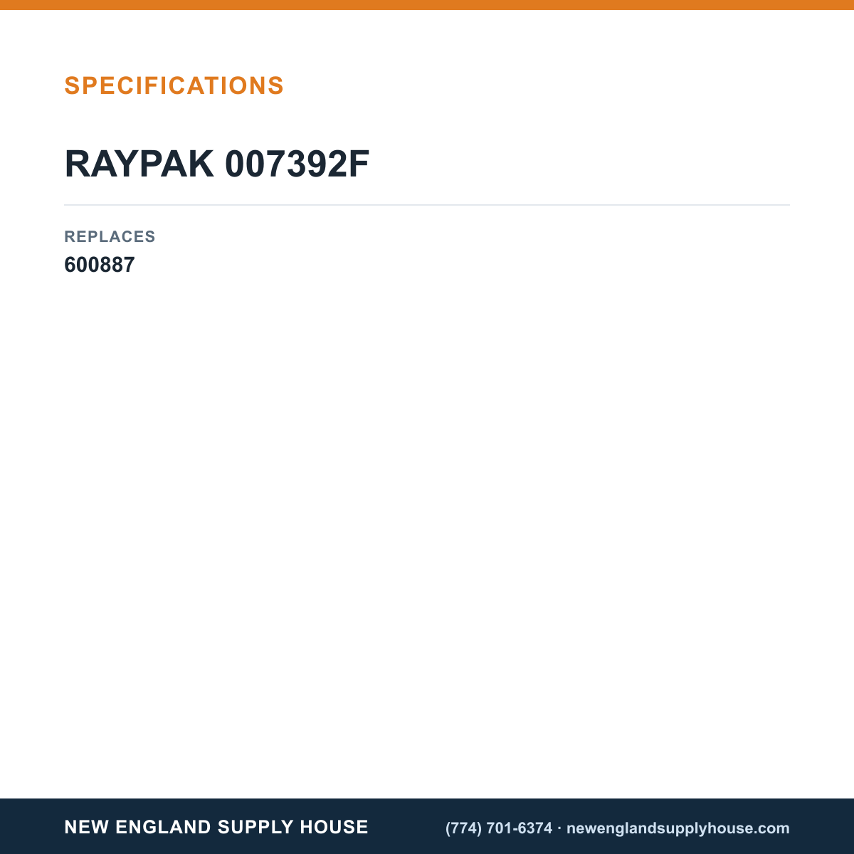 Raypak 007392F Tank Aquastat Control Kit specifications — New England Supply House [NESH-SPECTABLE-V1]