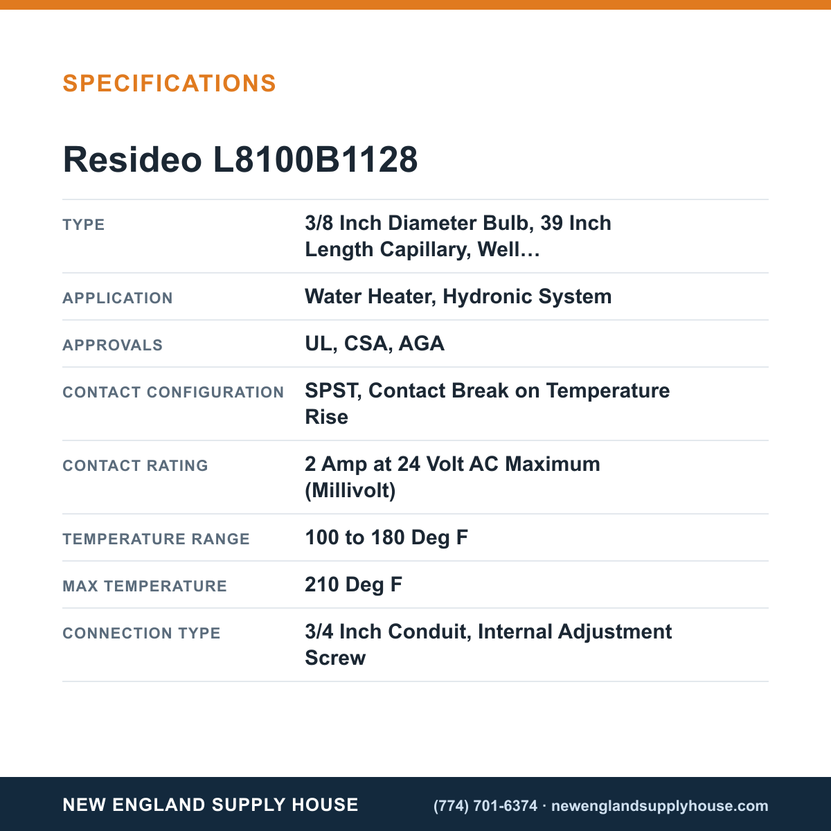 Resideo - Honeywell Home L8100B1128 Aquastat Controller specifications — New England Supply House [NESH-SPECTABLE-V1]