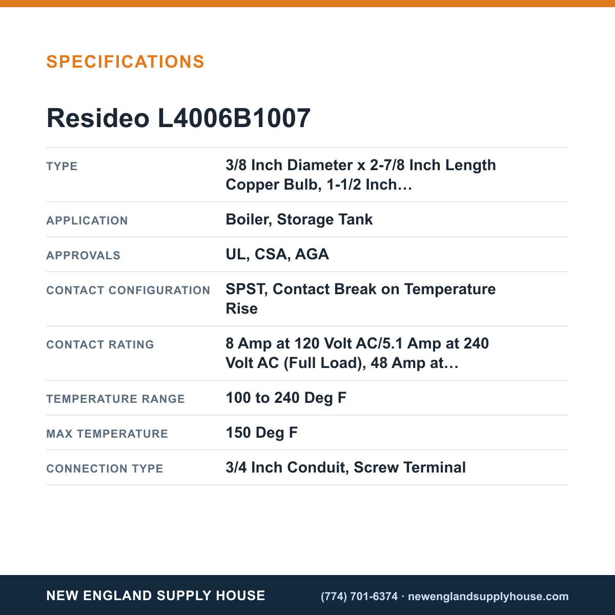 Resideo - Honeywell Home L4006B1007 Aquastat Controller specifications — New England Supply House [NESH-SPECTABLE-V1]