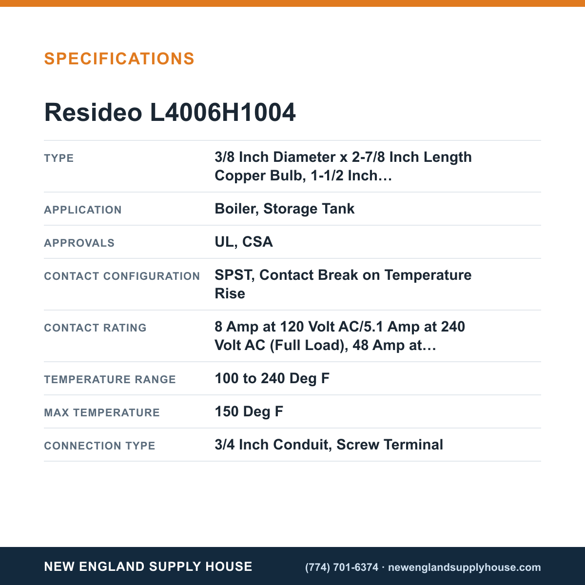 Resideo - Honeywell Home L4006H1004 Aquastat Controller specifications — New England Supply House [NESH-SPECTABLE-V1]