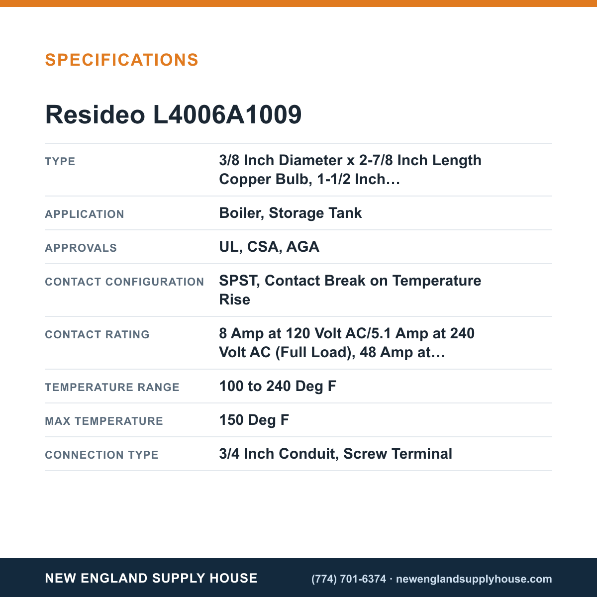 Resideo - Honeywell Home L4006A1009 Aquastat Controller specifications — New England Supply House [NESH-SPECTABLE-V1]