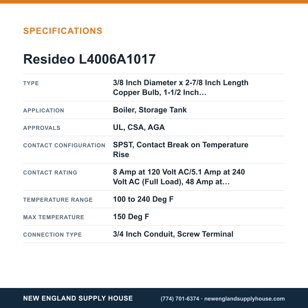 Resideo - Honeywell Home L4006A1017 Aquastat Controller specifications — New England Supply House [NESH-SPECTABLE-V1]