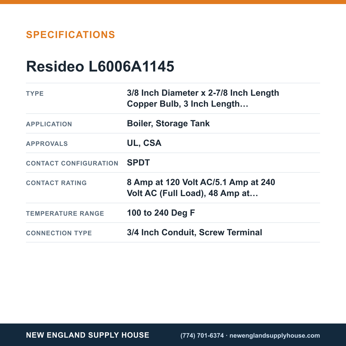 Resideo - Honeywell Home L6006A1145 Aquastat Controller specifications — New England Supply House [NESH-SPECTABLE-V1]