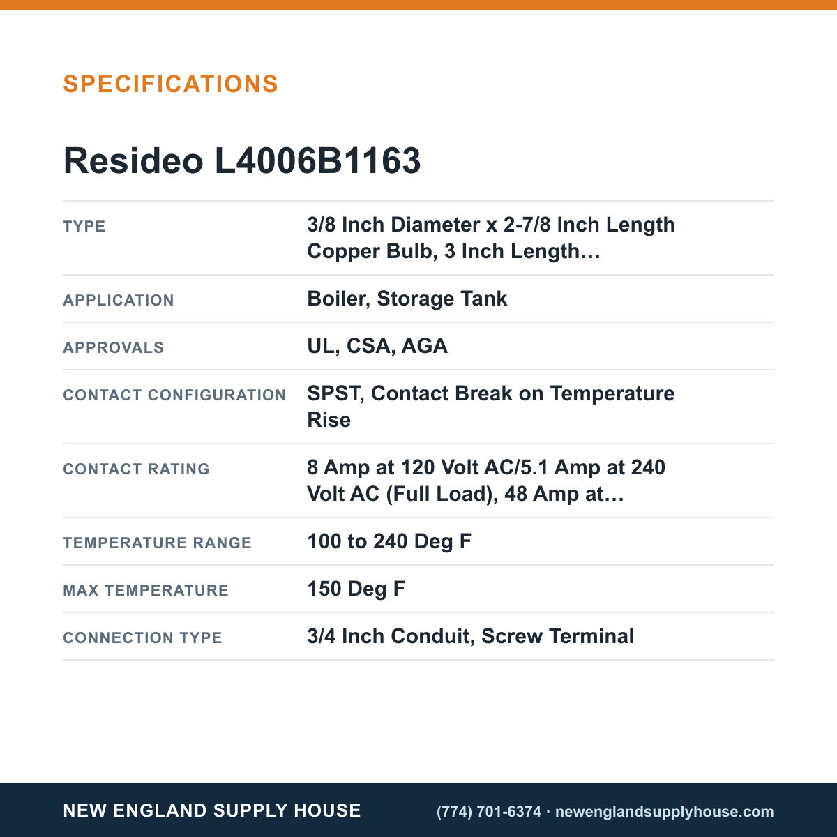 Resideo - Honeywell Home L4006B1163 Aquastat Controller specifications — New England Supply House [NESH-SPECTABLE-V1]