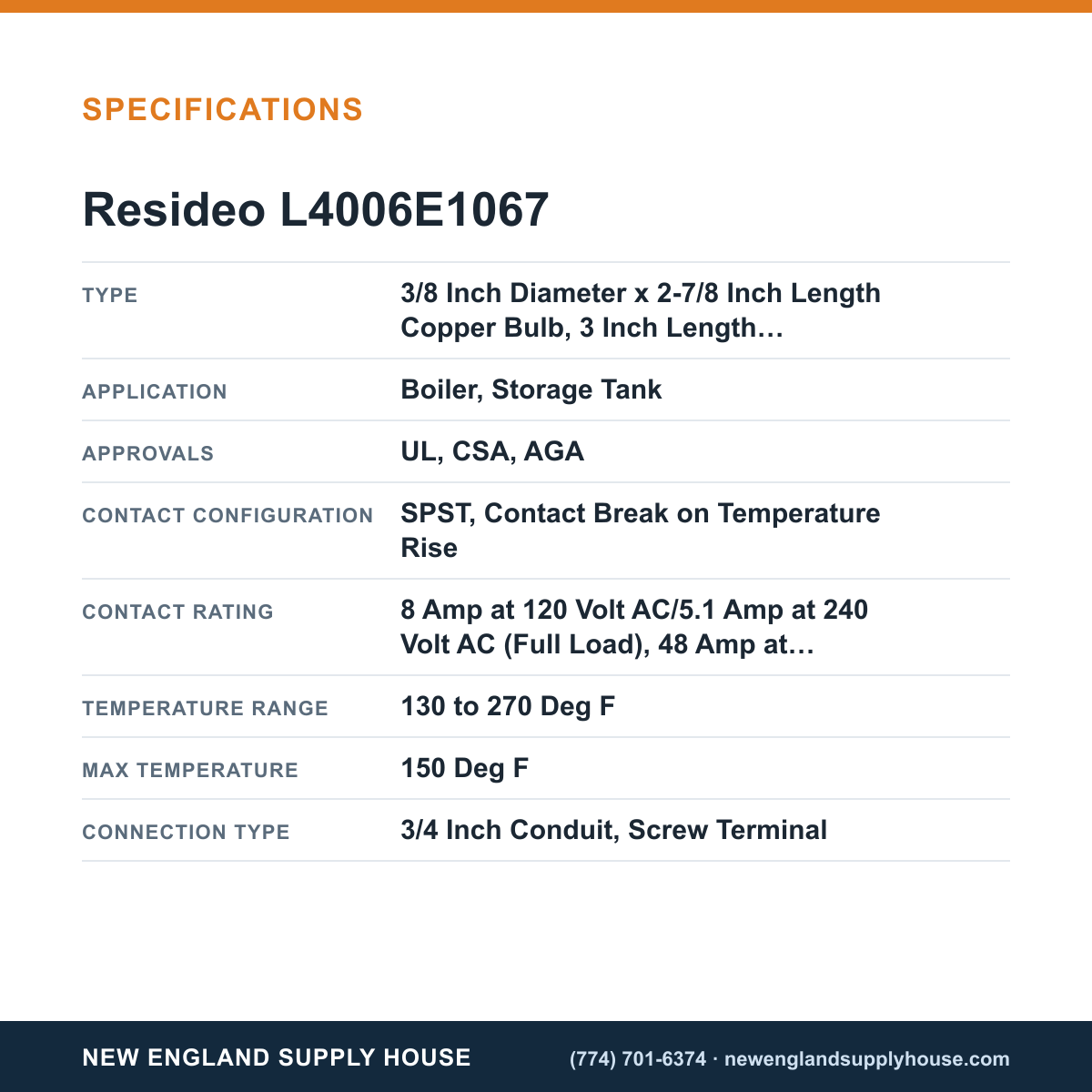 Resideo - Honeywell Home L4006E1067 Aquastat Controller specifications — New England Supply House [NESH-SPECTABLE-V1]