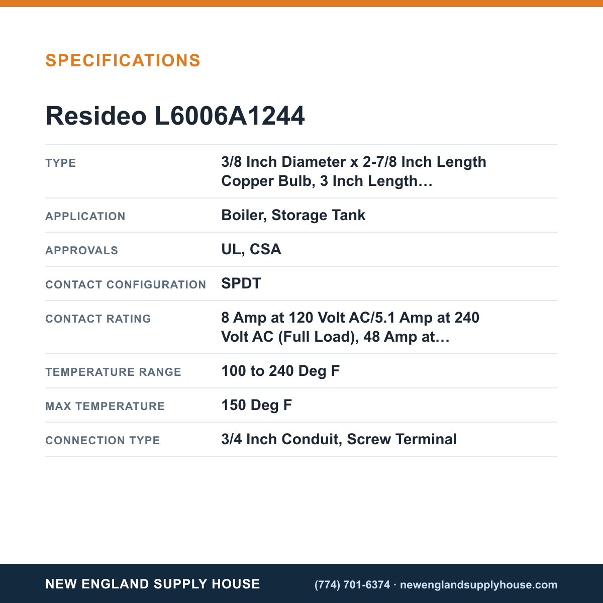 Resideo - Honeywell Home L6006A1244 Aquastat Controller specifications — New England Supply House [NESH-SPECTABLE-V1]