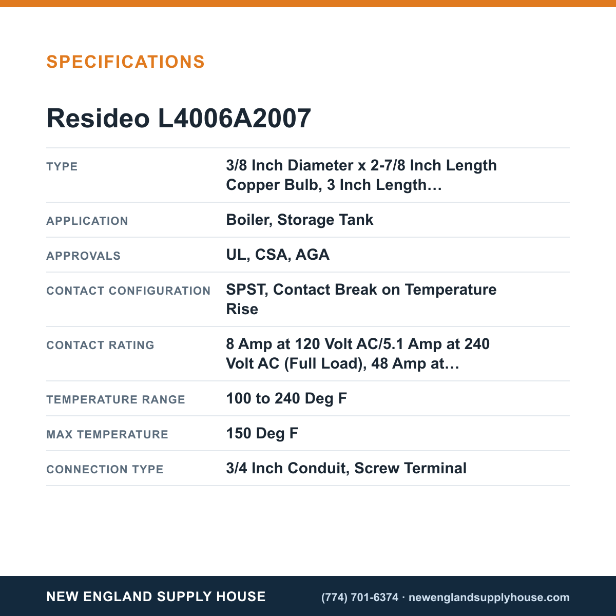 Resideo - Honeywell Home L4006A2007 Aquastat Controller specifications — New England Supply House [NESH-SPECTABLE-V1]