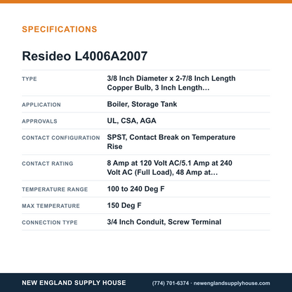 Resideo - Honeywell Home L4006A2007 Aquastat Controller specifications — New England Supply House [NESH-SPECTABLE-V1]