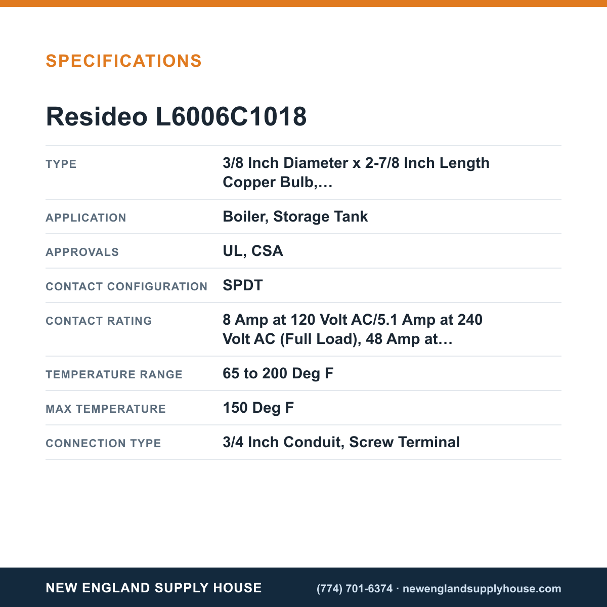 Resideo - Honeywell Home L6006C1018 Aquastat Controller specifications — New England Supply House [NESH-SPECTABLE-V1]
