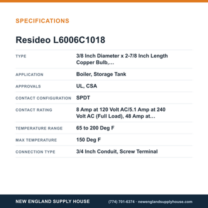 Resideo - Honeywell Home L6006C1018 Aquastat Controller specifications — New England Supply House [NESH-SPECTABLE-V1]