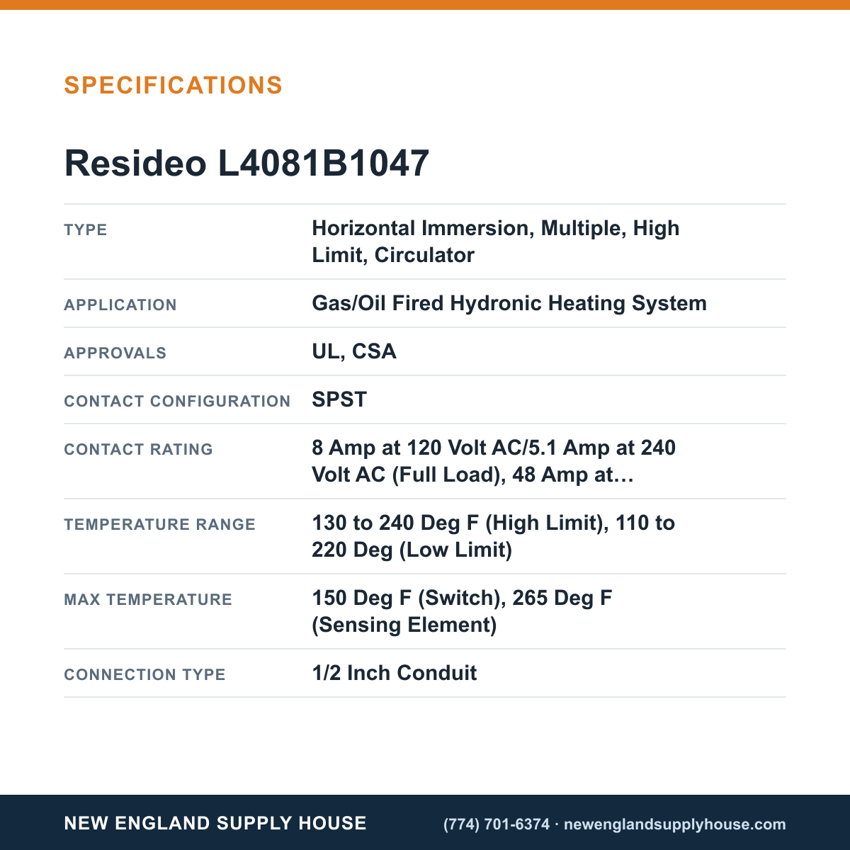 Resideo - Honeywell Home L4081B1047 Aquastat Controller specifications — New England Supply House [NESH-SPECTABLE-V1]