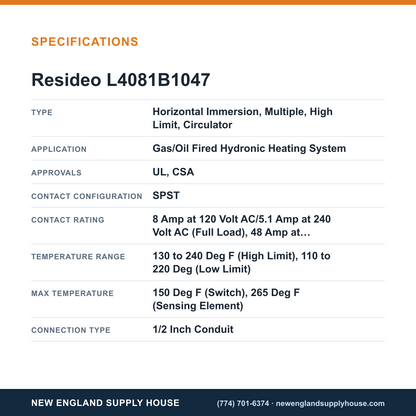 Resideo - Honeywell Home L4081B1047 Aquastat Controller specifications — New England Supply House [NESH-SPECTABLE-V1]