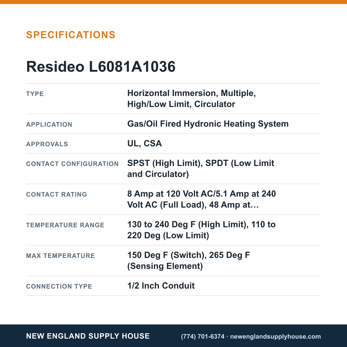 Resideo - Honeywell Home L6081A1036 Aquastat Controller specifications — New England Supply House [NESH-SPECTABLE-V1]