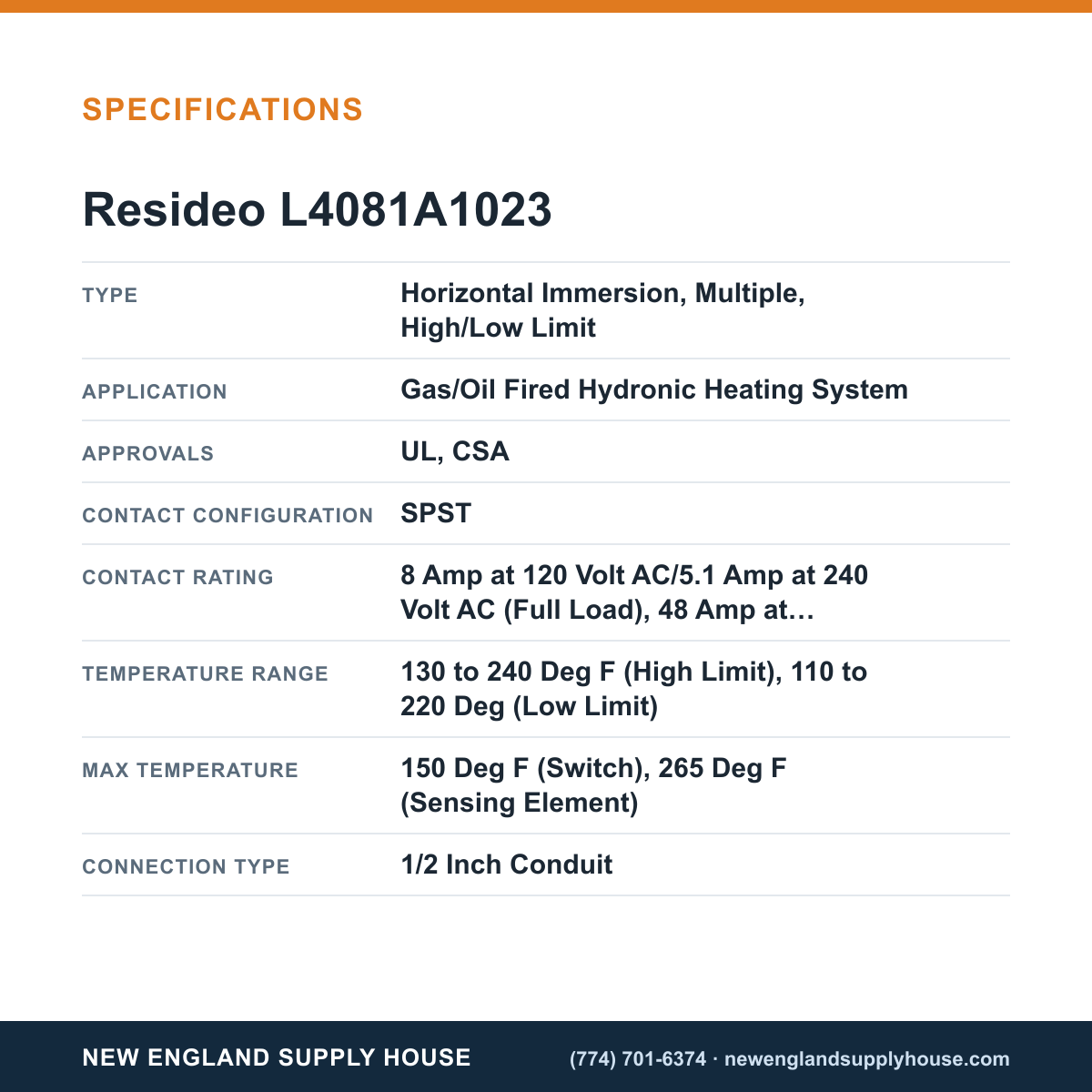 Resideo - Honeywell Home L4081A1023 Aquastat Controller specifications — New England Supply House [NESH-SPECTABLE-V1]