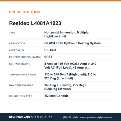 Resideo - Honeywell Home L4081A1023 Aquastat Controller specifications — New England Supply House [NESH-SPECTABLE-V1]
