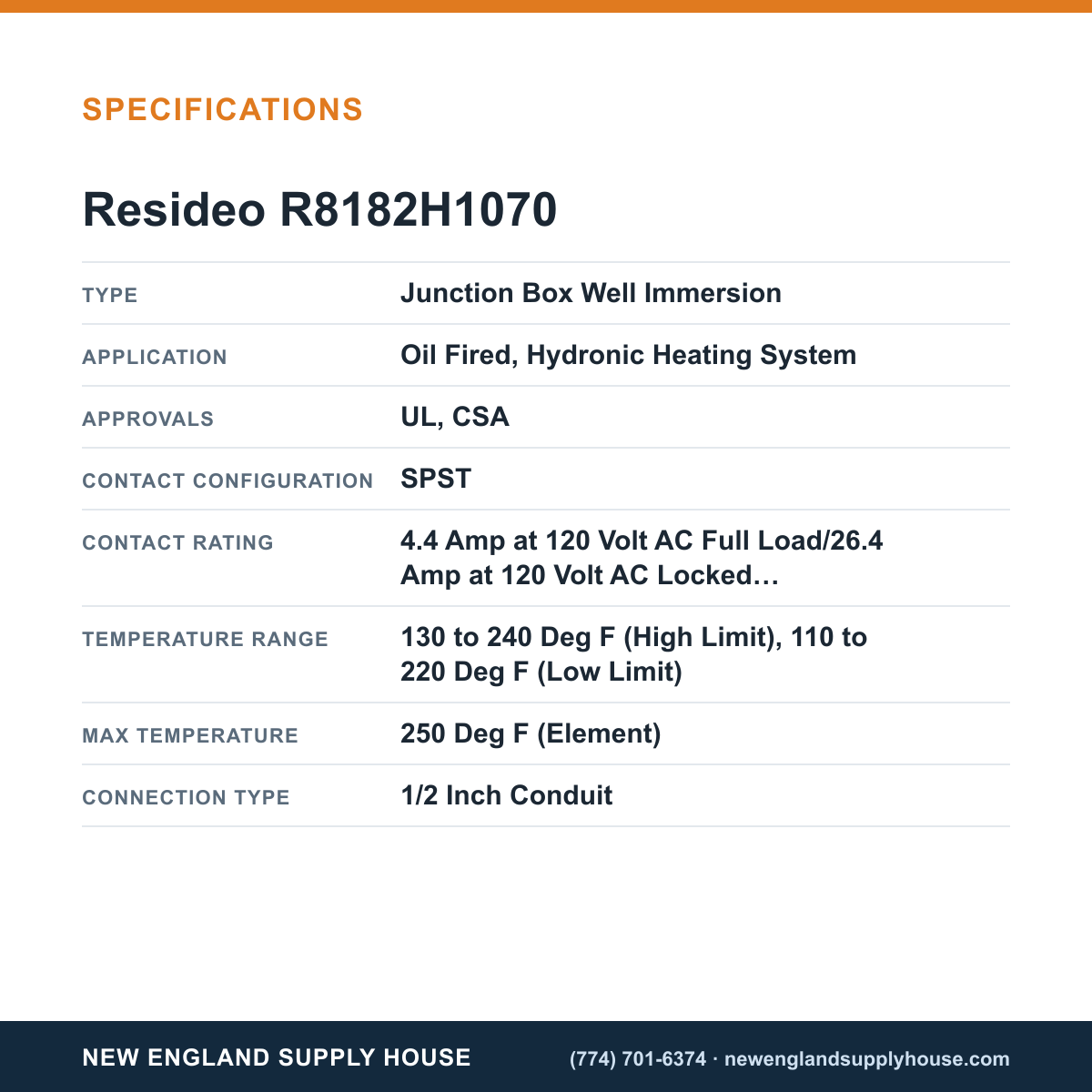 Resideo - Honeywell Home R8182H1070 Aquastat Controller specifications — New England Supply House [NESH-SPECTABLE-V1]