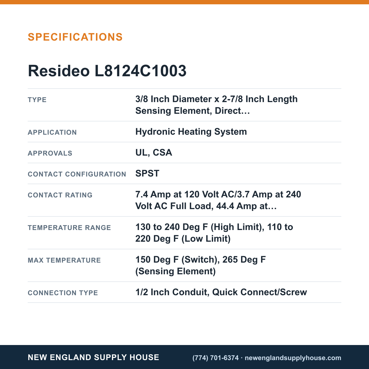 Resideo - Honeywell Home L8124C1003 Aquastat Relay specifications — New England Supply House [NESH-SPECTABLE-V1]