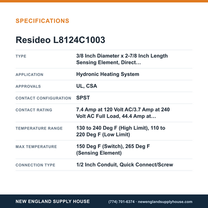 Resideo - Honeywell Home L8124C1003 Aquastat Relay specifications — New England Supply House [NESH-SPECTABLE-V1]