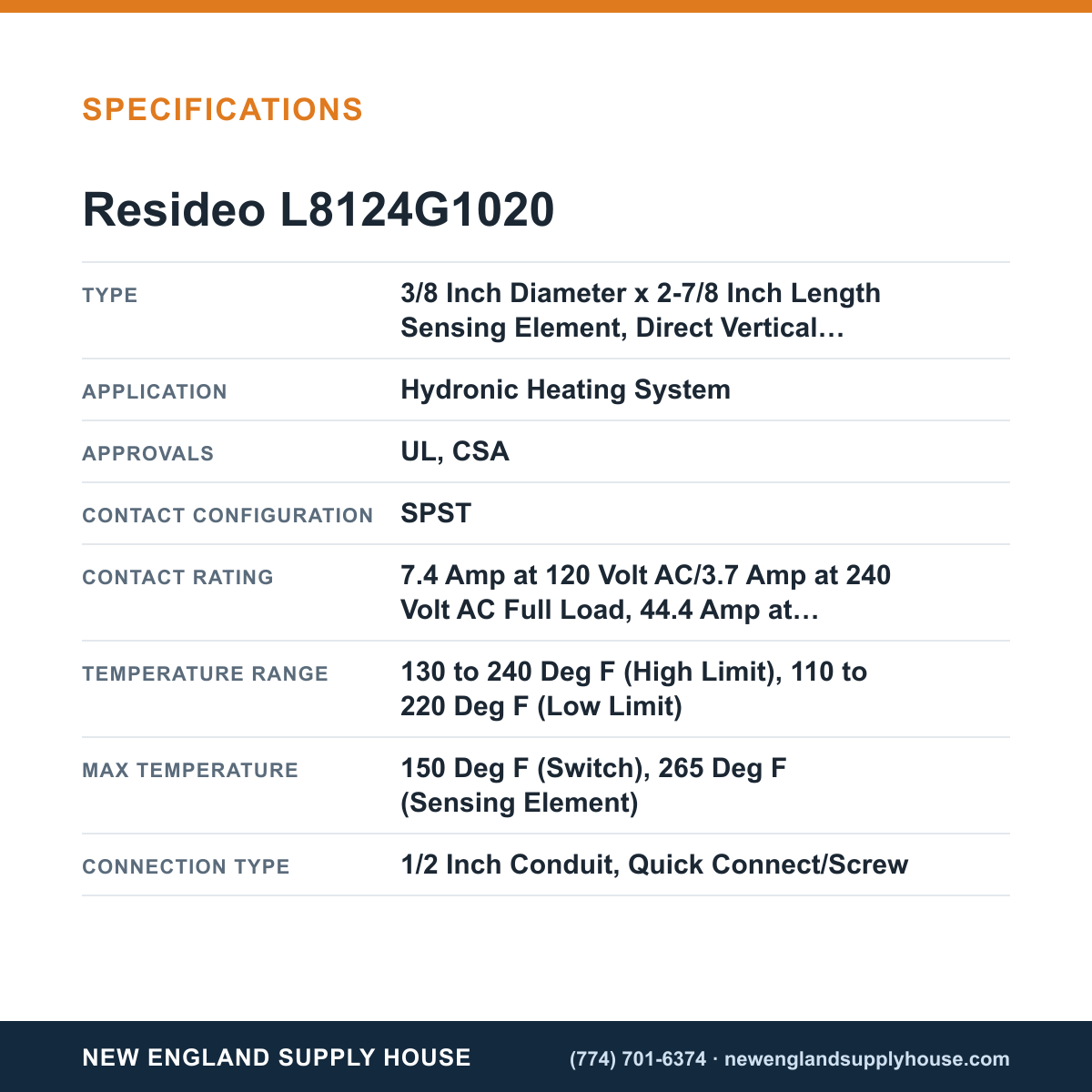 Resideo - Honeywell Home L8124G1020 Aquastat Relay specifications — New England Supply House [NESH-SPECTABLE-V1]