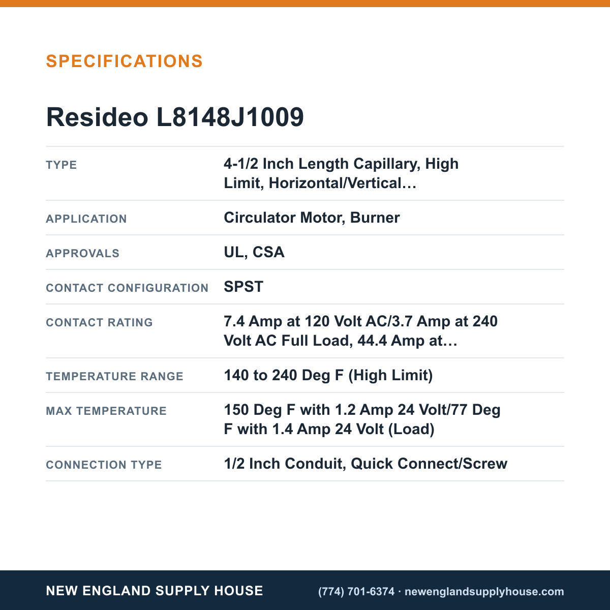Resideo - Honeywell Home L8148J1009 Aquastat Relay specifications — New England Supply House [NESH-SPECTABLE-V1]