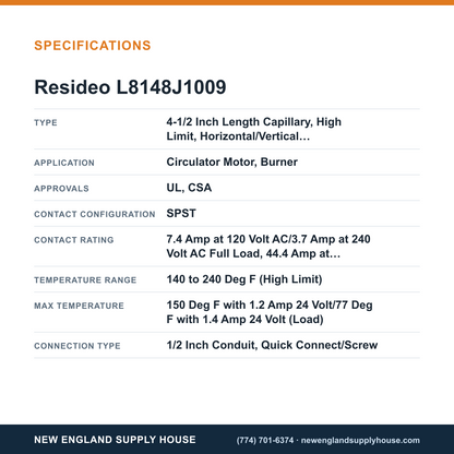 Resideo - Honeywell Home L8148J1009 Aquastat Relay specifications — New England Supply House [NESH-SPECTABLE-V1]