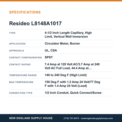 Resideo - Honeywell Home L8148A1017 Aquastat Relay specifications — New England Supply House [NESH-SPECTABLE-V1]