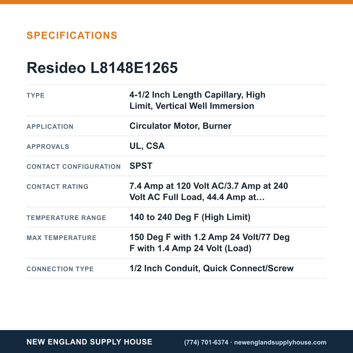 Resideo - Honeywell Home L8148E1265 Aquastat Relay specifications — New England Supply House [NESH-SPECTABLE-V1]