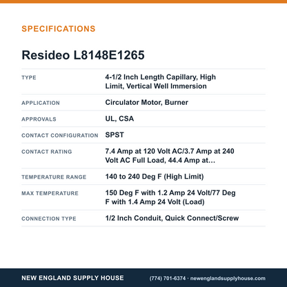 Resideo - Honeywell Home L8148E1265 Aquastat Relay specifications — New England Supply House [NESH-SPECTABLE-V1]