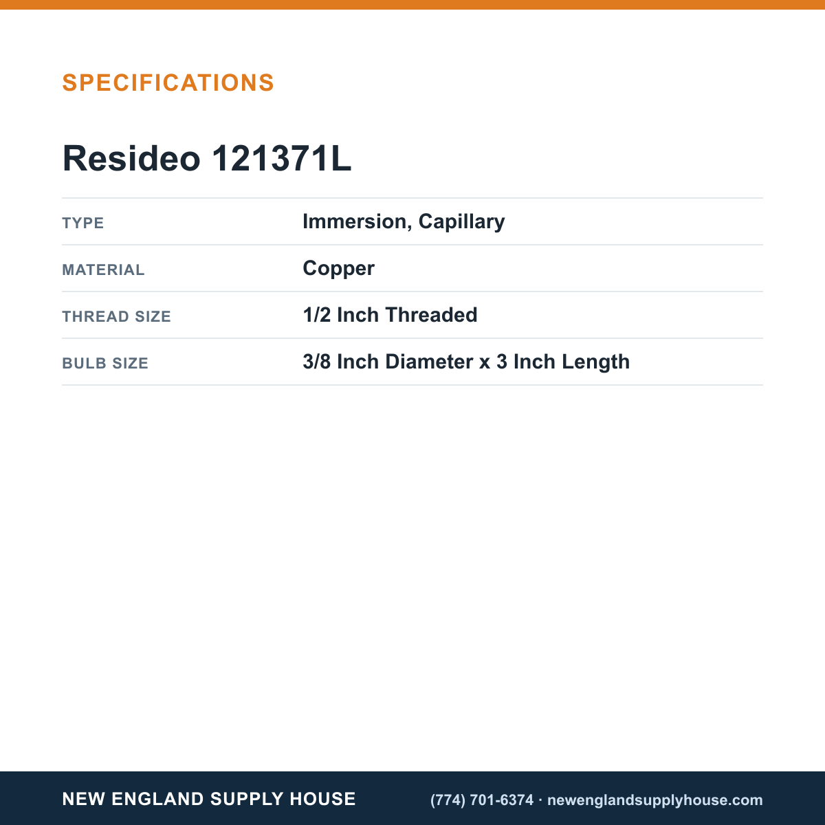 Resideo - Honeywell Home 121371L Aquastat Sensor Well Assembly specifications — New England Supply House [NESH-SPECTABLE-V1]