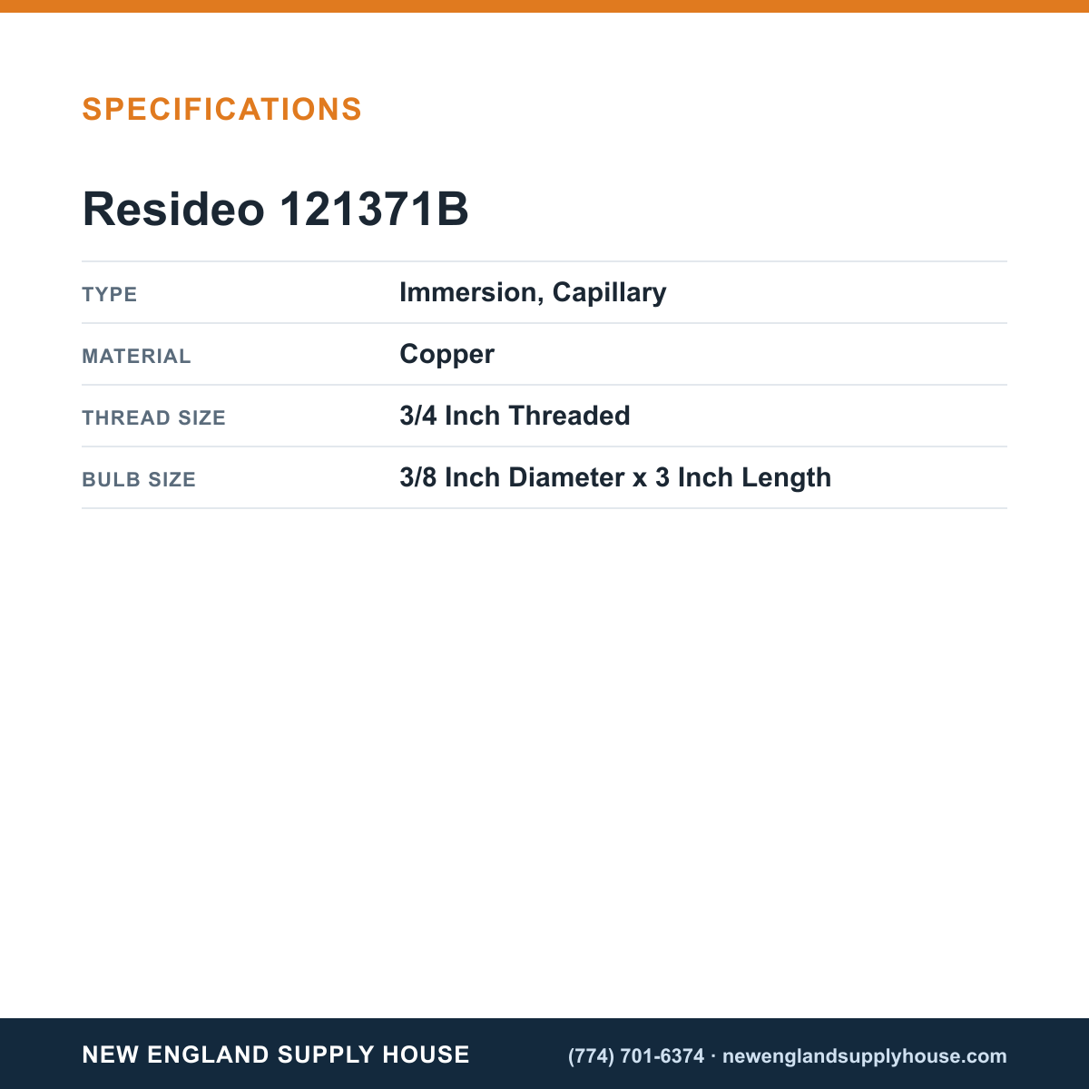 Resideo - Honeywell Home 121371B Aquastat Sensor Well Assembly specifications — New England Supply House [NESH-SPECTABLE-V1]