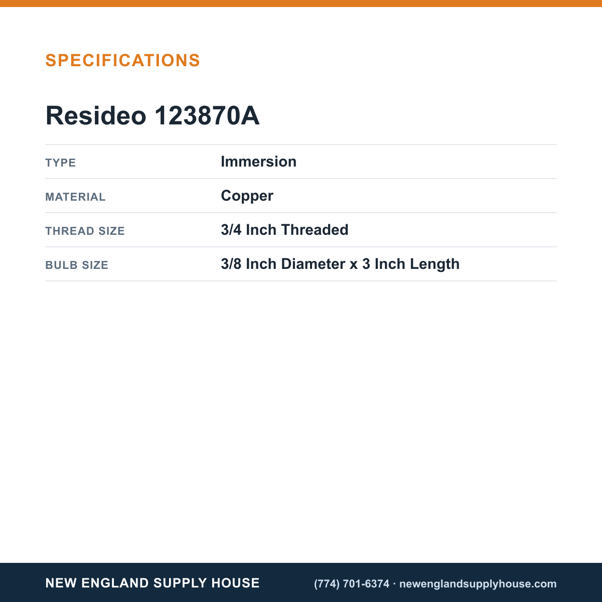 Resideo - Honeywell Home 123870A Aquastat Sensor Well Assembly specifications — New England Supply House [NESH-SPECTABLE-V1]