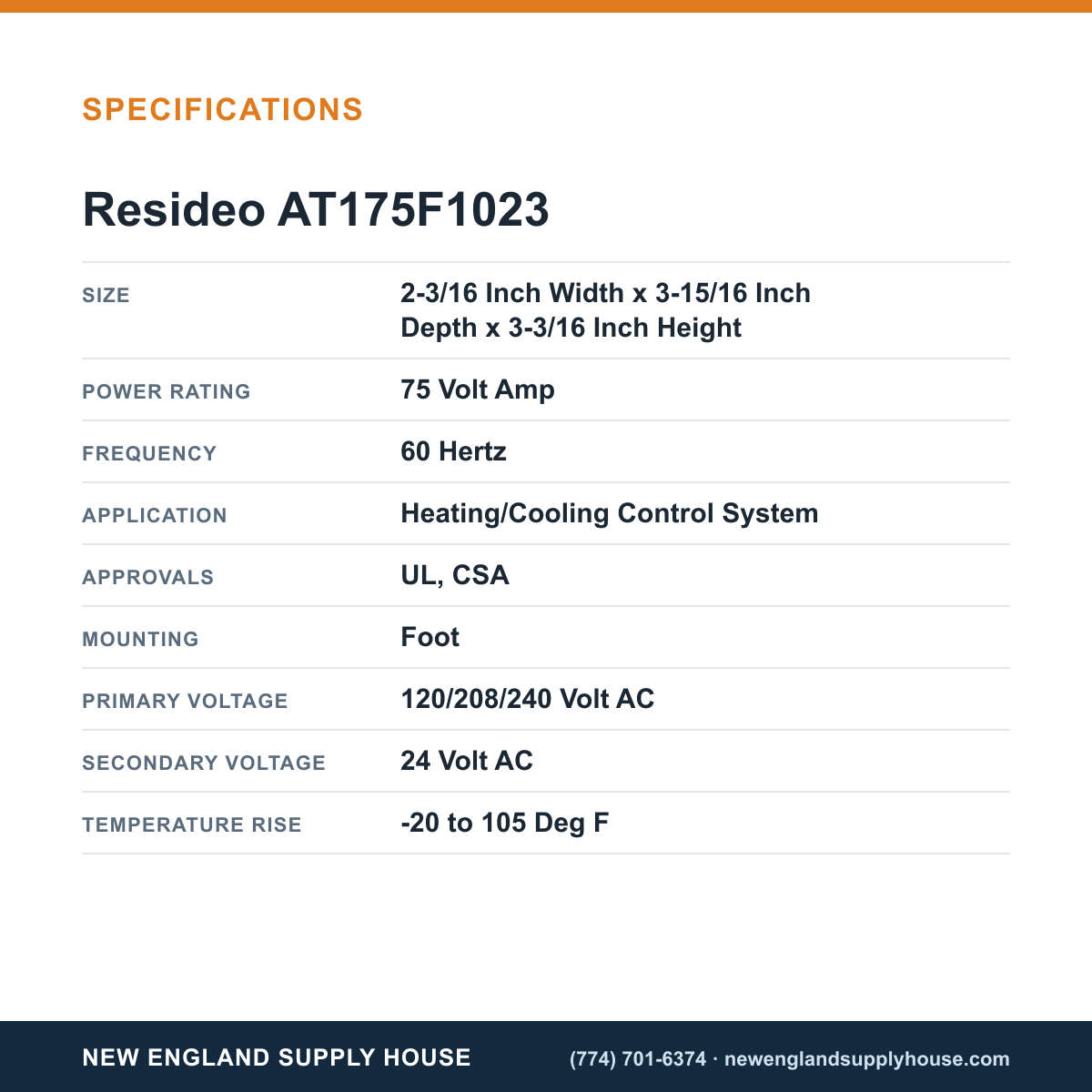 Resideo - Honeywell Home AT175F1023 Circuit Breaker Transformer specifications — New England Supply House [NESH-SPECTABLE-V1]